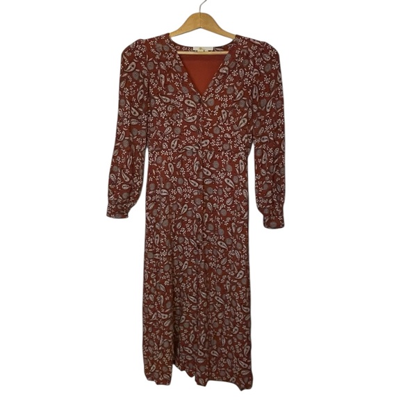Boden Button Through Midi Tea Dress Floral Long Sleeve Dress - Brown - Picture 2 of 6